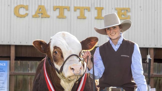 Olivia Baker, 16, with her Bull “Told you so” at the Royal Adelaide Show. Picture: Kelly Barnes