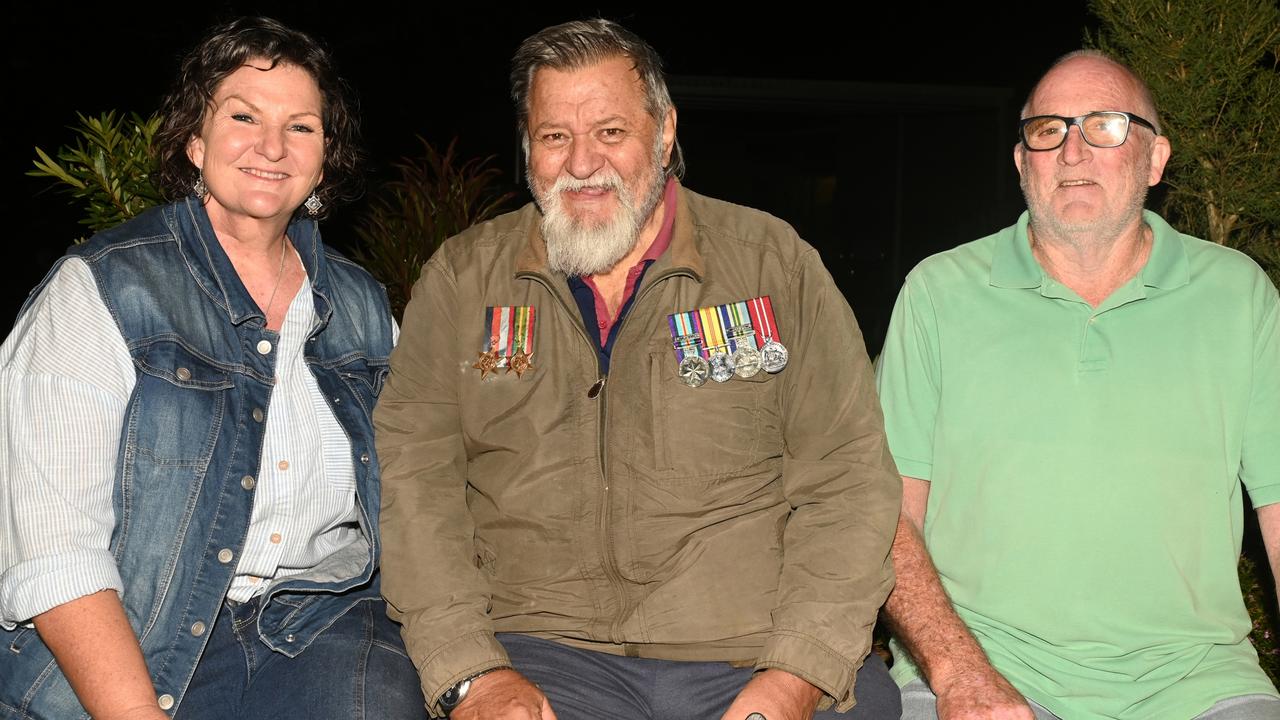 Amanda Weaver, David Perry (Tiny) and Gary Chapman 5am ANZAC Day Walkerston Friday 25 April 2025 Picture:Michaela Harlow