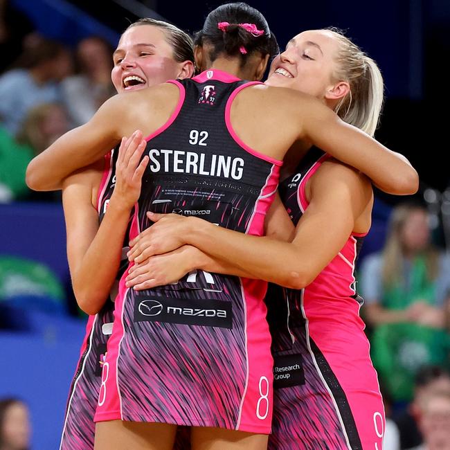 Shamera Sterling of the Thunderbirds celebrates with her teammates. Picture: Getty Images