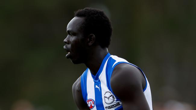 Bigoa Nyuon of the Kangaroos averaged 15 disposals last season in three games. Photo by Dylan Burns/AFL Photos via Getty Images