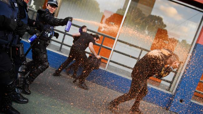 Police using pepper spray to disperse protesters from opposing sides. Picture: Jake Nowakowski