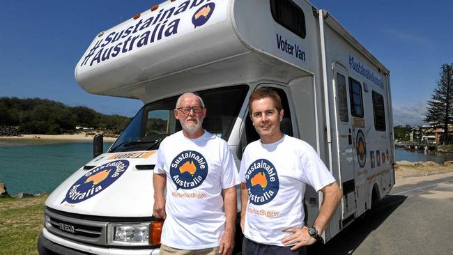 Ronald McDonald and William Bourke from the Sustainable Australia Party, pose for a photograph in front of their Voter Van at Kingscliff. Picture: Scott Davis