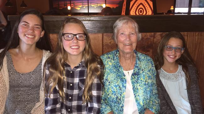 The family of Evelyn Humphrey, of Narrabeen, were left distressed after they were unable to speak to her while she was in Northern Beaches Hospital because there are no phones in patient rooms. Here she is pictured with her grandchildren. Picture: Supplied.