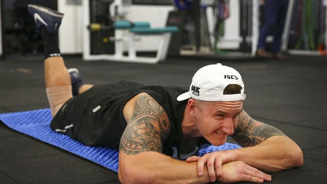 Hamish Hartlett working out in the gym as he recovers from an ACL injury. Picture: Sarah Reed