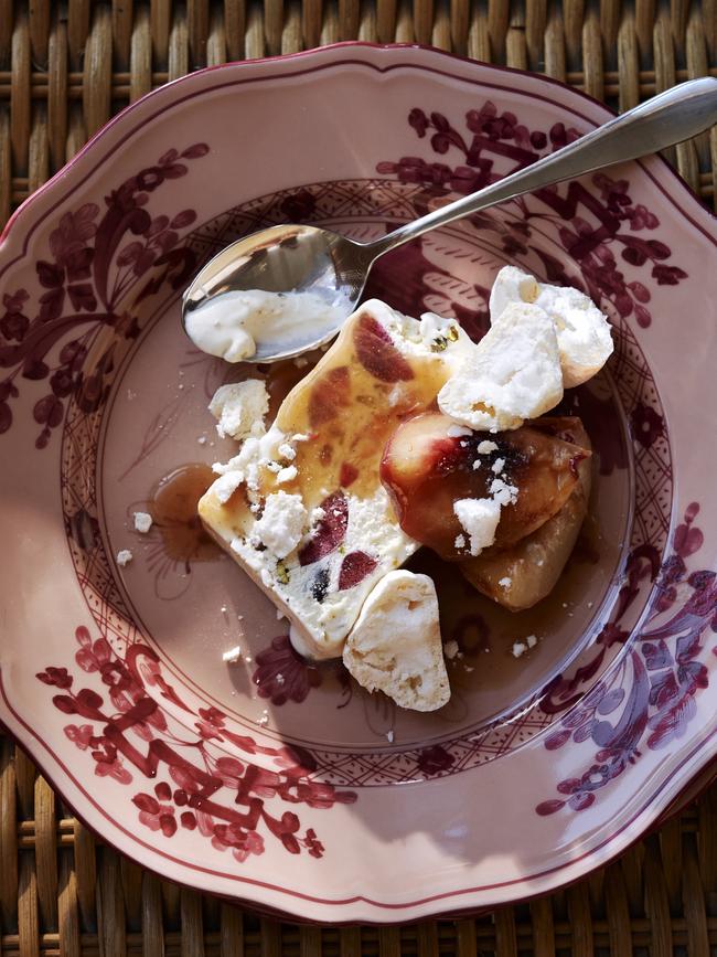 Pistachio semifreddo, vanilla and maple roast peaches and meringue. Picture: Con Poulos