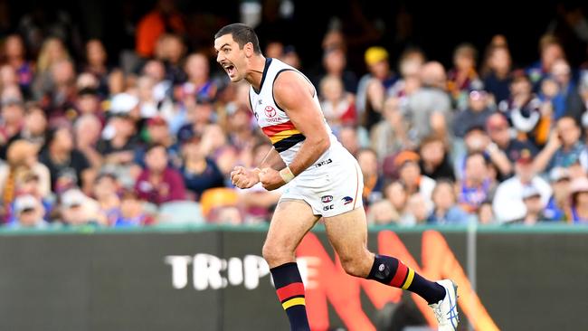 Taylor Walker of the Crows celebrates kicking a goal during the round nine match against the Lions. Picture: Getty Images