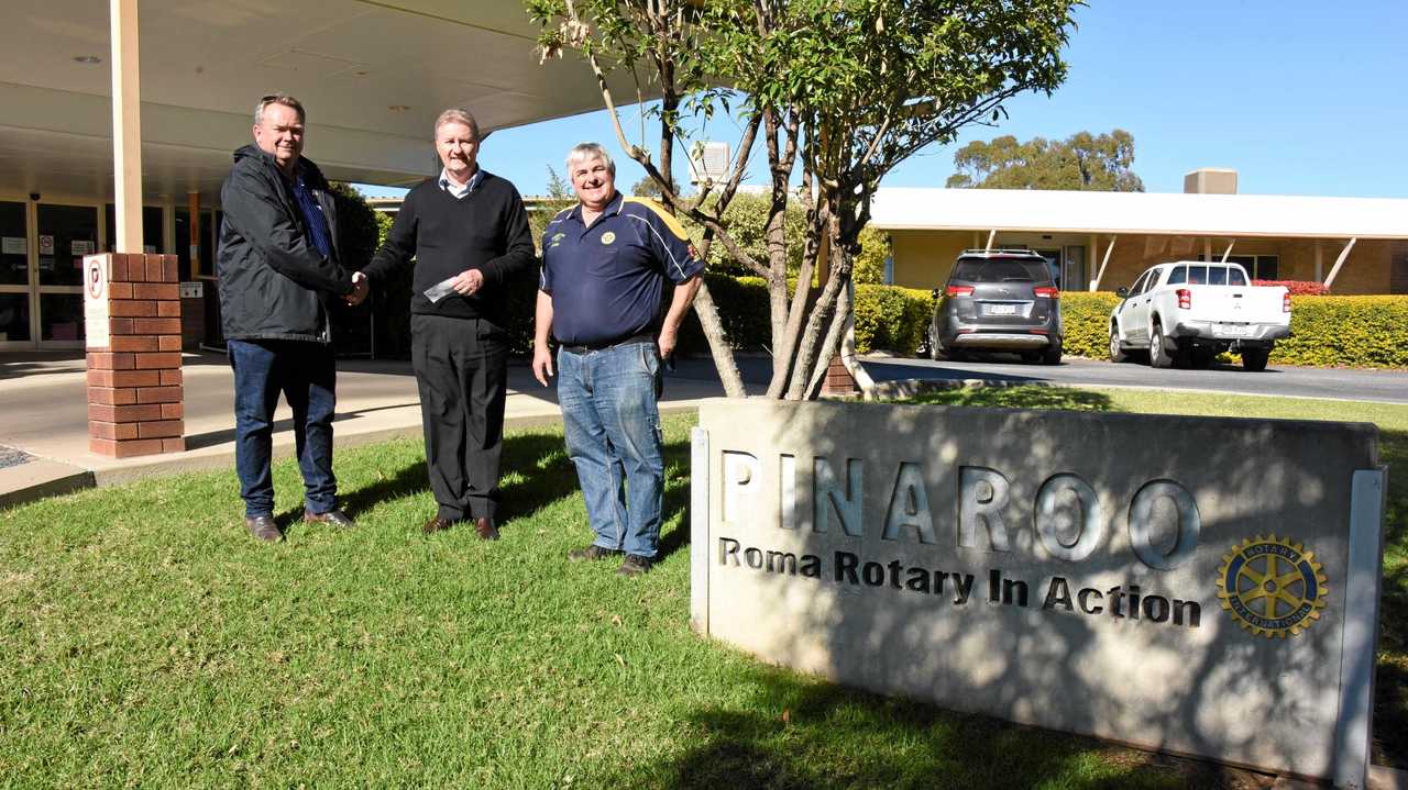 PRESENTATION: Rotarians Norm Fowles and Peter Moloney with Pinaroo manager Ian Murphy (centre). Picture: Alexia Austin