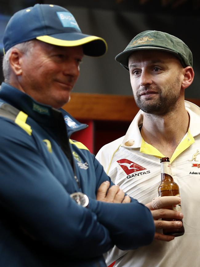 Steve Waugh (left) celebrates Australia’s Fourth Test victory with Nathan Lyon. Picture: Getty Images