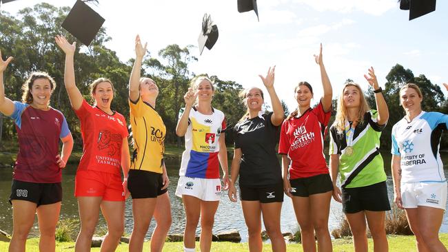 Player representatives from all teams pose during the AON Women's University Sevens Launch at Sydney’s Macquarie University on Thursday.