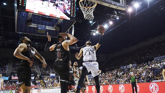 Melbourne United’s Melo Trimble drives to the basket.