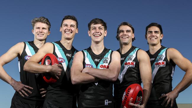 Xavier Duursma, Connor Rozee, Zak Butters, Jake Patmore and Joel Garner are part of the youth brigade at Port Adelaide, which will refresh its list with another three top-30 picks next month. Picture: Sarah Reed