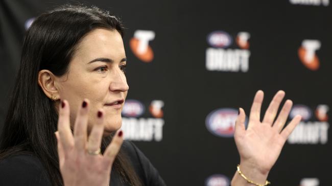 MELBOURNE, AUSTRALIA - OCTOBER 06: Laura Kane, AFL Executive General Manager of Football speaks during the 2024 AFL National Draft Combine at Melbourne Sports and Aquatic Centre on October 06, 2024 in Melbourne, Australia. (Photo by Martin Keep/AFL Photos/via Getty Images)