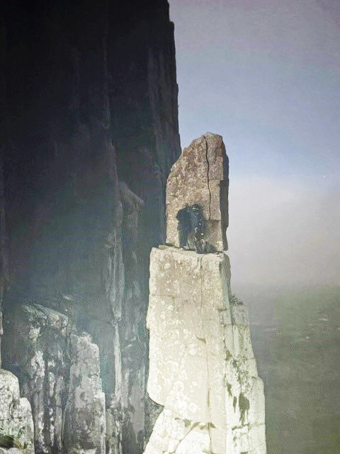 Two climbers rescued from the top of the Totem Pole at Cape Hauy on the Tasman Peninsula on Wednesday night. Picture: Tasmania Police