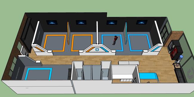 The layout of Untethered, with five bays for VR access (orange and blue squares).