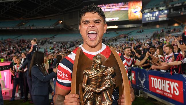 Latrell Mitchell celebrates the 2019 premiership with the Roosters.