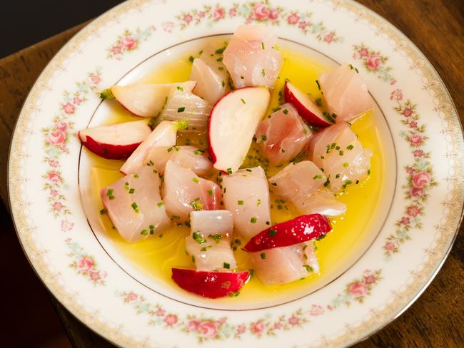 Snapper crudo with locally farmed produce from Merri Banks. Picture: Andrew Clarke