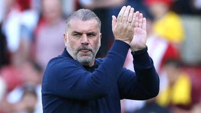 Tottenham Hotspur manager Ange Postecoglou applauds the fans after the final whistle in the Premier League match at Bramall Lane, Sheffield. Picture date: Sunday May 19, 2024. (Photo by Barrington Coombs/PA Images via Getty Images)