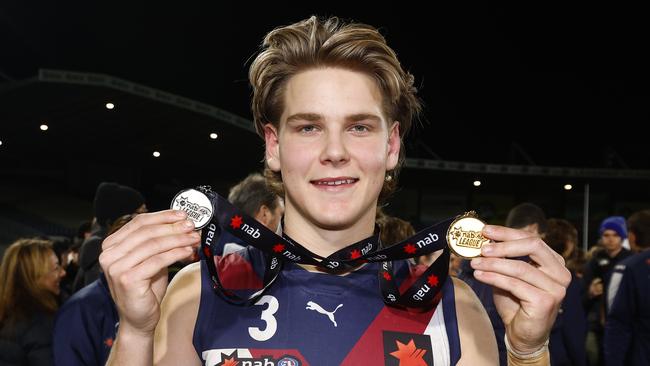 Will Ashcroft of the Dragons poses for a photograph with the best on ground and premiership medals after the NAB League Grand Final match between the Sandringham Dragons and the Dandenong Stingrays at Ikon Park on September 16, 2022. (Photo by Daniel Pockett/AFL Photos/via Getty Images)