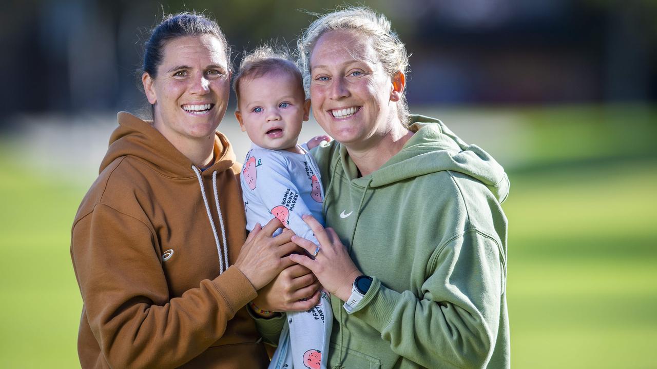 Chelsea Randall and Marijana Rajcic with their baby Tomi. Picture: Mark Brake