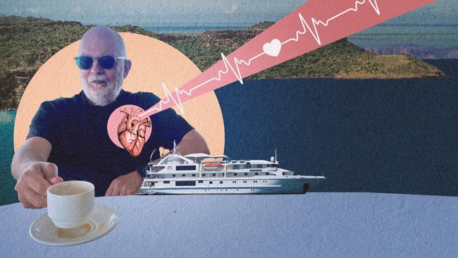 Chris Merrit enjoys life on a cruise after recovering from a ‘silent’ heart attack. Artwork: Frank Ling