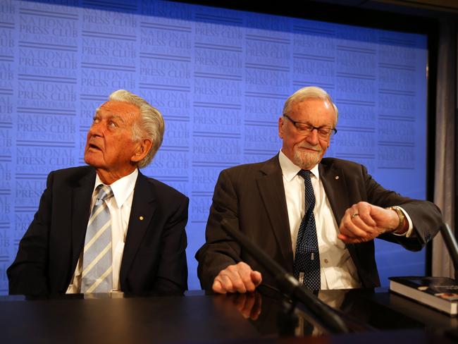 Former Prime Minister of Australia Bob Hawke with Chancellor of The Australian National University Gareth Evans at the National Press Club in Canberra. Picture Gary Ramage