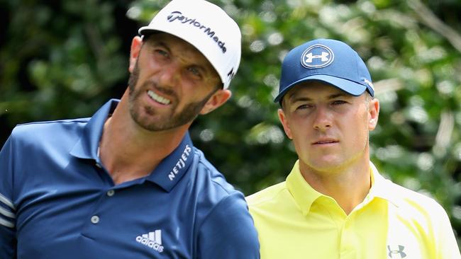 CHARLOTTE, NC — AUGUST 08: Dustin Johnson and Jordan Spieth of the United States talk on the course during a practice round prior to the 2017 PGA Championship at Quail Hollow Club on August 8, 2017 in Charlotte, North Carolina. Warren Little/Getty Images/AFP == FOR NEWSPAPERS, INTERNET, TELCOS &amp; TELEVISION USE ONLY ==