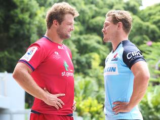 Super Rugby Season Launch. Reds Captain James Slipper and Waratahs captain Michael Hooper. Pic Jono Searle.