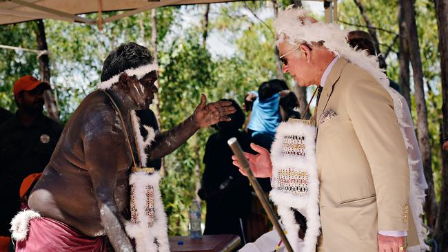 His Royal Highness Prince Charles is welcomed to country with a sacred â€˜Wuyalâ€™ ceremony, which will reveal the Malka (feather) string that connects the Rirratjingu people to their land. Led by traditional owner and ceremony leader Witiyana Marika, at Mount Nhulun where the spirit being Wuyal (sugar bag honey man) climbed to the top of the hill and named the areas around Nhulunbuy, and gave the Rirratjingu people their sacred knowledge. The Prince of Wales then met with senior members of the Rirratjingu Aboriginal Corporation, and Dhimurru Aboriginal Corporation during the first day of his visit to the Northern Territory.