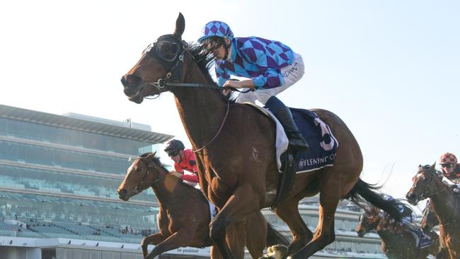 Jenni's Meadow holds off stablemate Sneaky Sunrise in the Taj Rossi Series Final at Flemington. Picture: Brett Holburt/Racing Photos via Getty Images