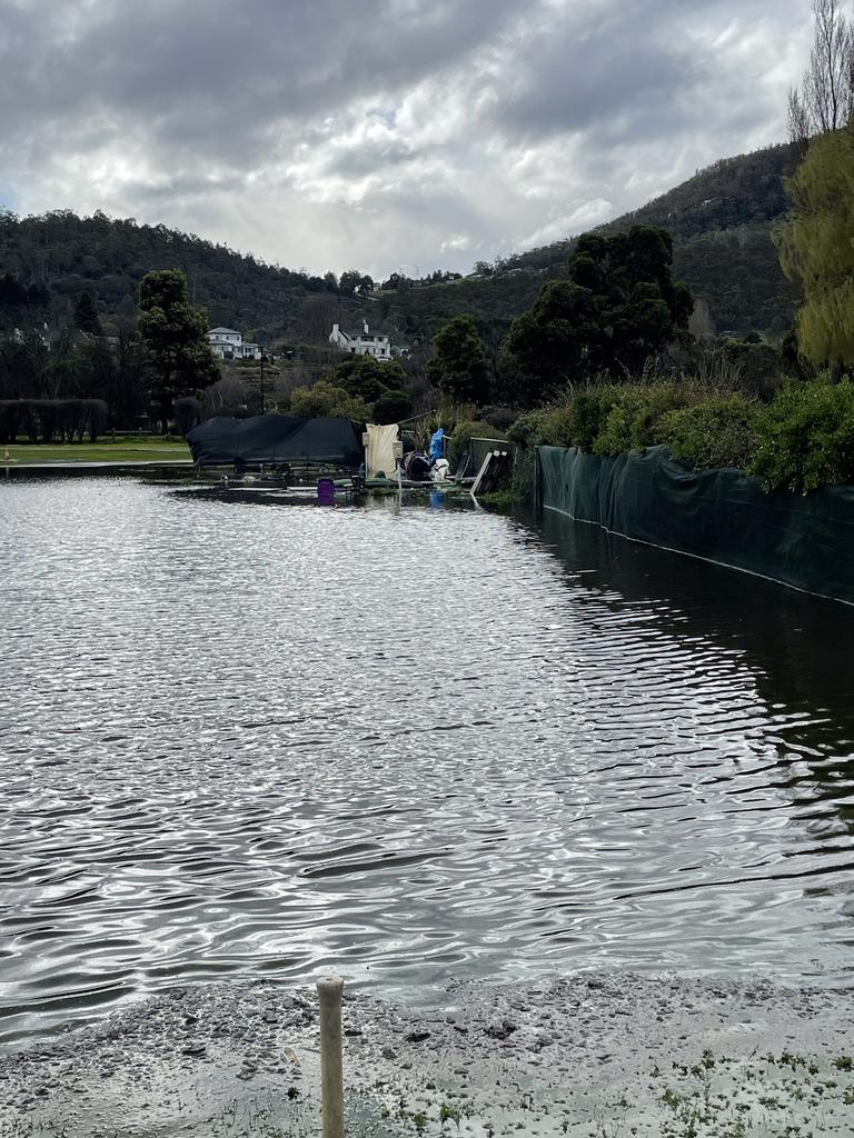 Flooding in the New Norfolk Caravan Park. Picture: Genevieve Holding