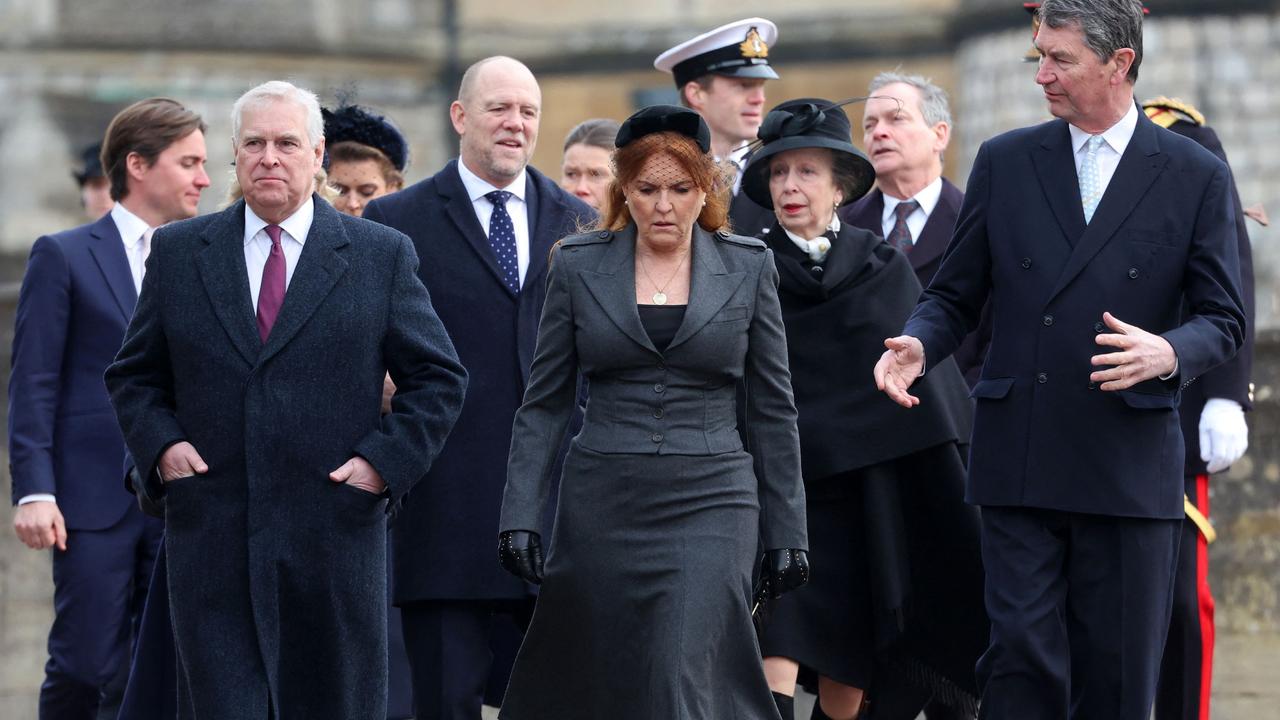 Britain's Prince Andrew, Duke of York (2L), Mike Tindall (centre L), Sarah, Duchess of York (C) and Vice Admiral Timothy Laurence (R) arrives to attend a thanksgiving service for the life of King Constantine of the Hellenes, at St George's Chapel at Windsor Castle on February 27, 2024. (Photo by Chris Jackson / POOL / AFP)