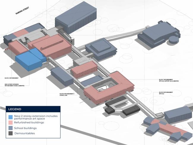 An artist's impression of the proposed upgrade of Narrabeen Sports High School showing a new two-storey extension that includes a performance art space. There will also be an expanded and refurbished multipurpose hall and new science labs. Picture: School Infrastructure NSW