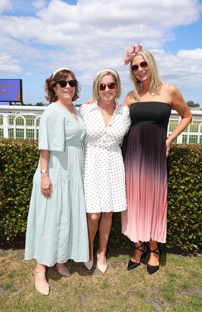 MELBOURNE, AUSTRALIA – OCTOBER 16 2024 Lisa, Fiona and Michelle at the Caulfield Social race day at Caulfield racecourse on Wednesday 16th October, 2024 Picture: Brendan Beckett