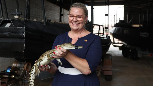 Minister for Parks and Wildlife Marie-Clare Boothby with Burtie the juvenile crocodile. Picture: Sam Lowe