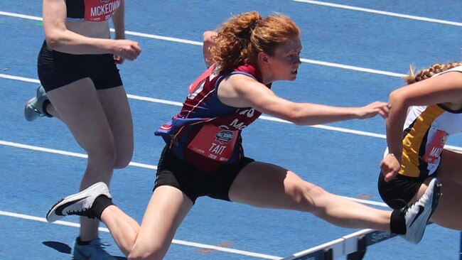 Hanna Tait, 17, racing in the 100m hurdles event.