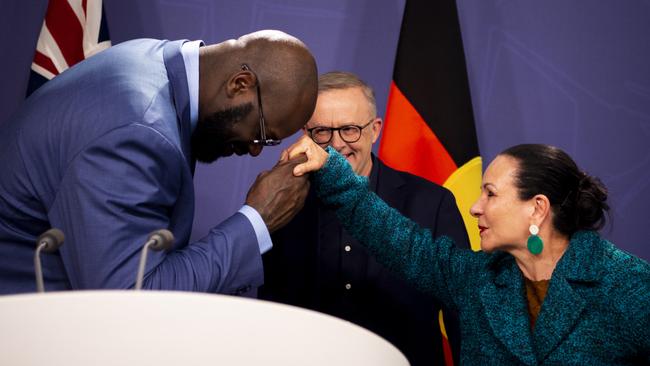 NBA legend Shaquille O'Neal greets Indigenous Australians Minister Linda Burney and Prime Minister Anthony Albanese. Picture: NCA NewsWire