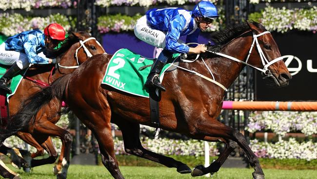 Hugh Bowman riding Winx to win race 5 at this year’s TAB Turnbull Stakes at Flemington Picture: Scott Barbour/Getty Images