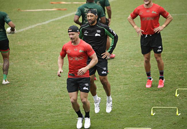 Damien Cook and new signing Benji Marshall training with South Sydney at Redfern Oval. Picture: Adam Yip