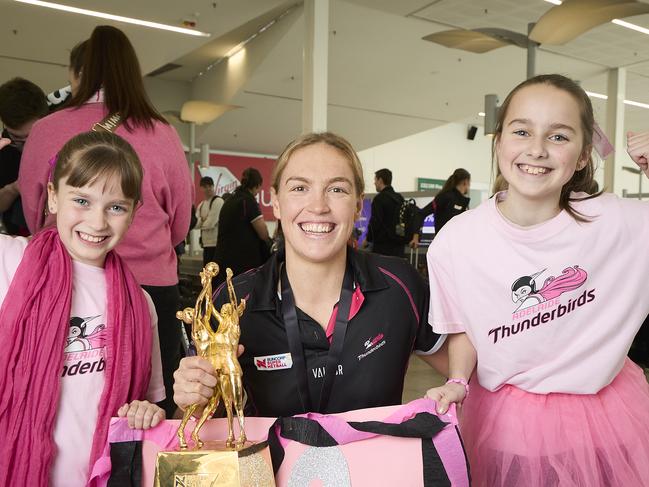 Connie Milford, 9, with Thunderbirds captain, Hannah Petty, and her sister, Indianna Milford, 11, at Adelaide Airport, after the teamÃs grand final win, Sunday, July 9, 2023. Picture: Matt Loxton