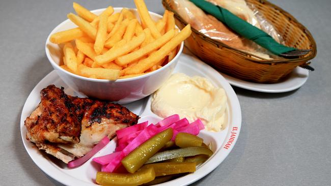 El Jannah sells a quarter of chicken and chips with pickles and garlic sauce and Lebanese bread for $9.90.