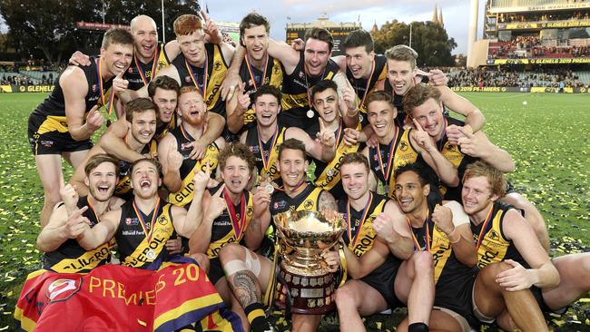 Glenelg celebrate their 2019 premiership. Picture: Sarah Reed