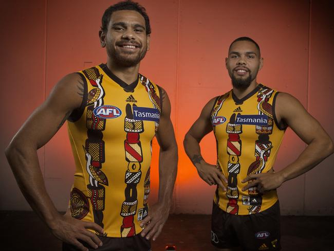 Cyril Rioli and Jarman Impey in this years Hawks indigenous round jumper. Picture: Michael Klein