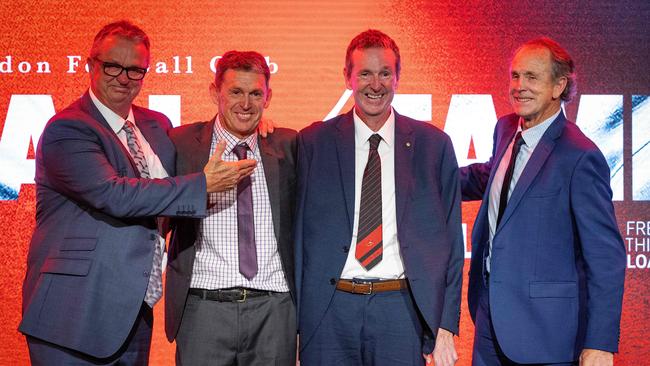 Neale Daniher with brothers Anthony, Chris and Terry after being elevated to legend status at the 2022 Essendon Football Club Hall of Fame dinner. Picture: Mark Stewart