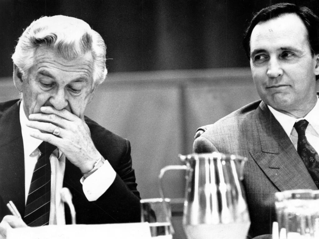 Prime Minister Bob Hawke (L) and Treasurer Paul Keating during Premiers Conference at Parliament House in Canberra, 1991.