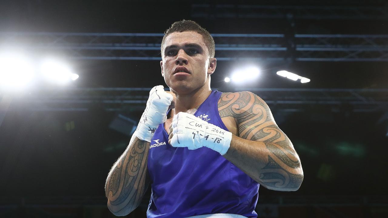 GOLD COAST, AUSTRALIA - APRIL 09: Clay Waterman of Australia celebrates his win over Sean Lazzerini of Scotland during the MenÃ•s Light Heavy Preliminary round during Boxing on day five of the Gold Coast 2018 Commonwealth Games at Oxenford Studios on April 9, 2018 on the Gold Coast, Australia. (Photo by Robert Cianflone/Getty Images)