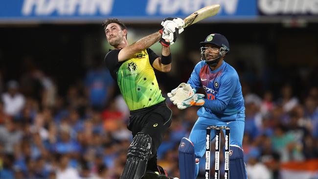 Glenn Maxwell watches his shot his the flying fox camera. (Ryan Pierse/Getty Images)