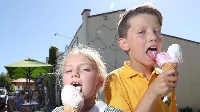 Olive,7, and Noah, 10, tuck into their frozen treats at Tutti Fruitty in Mornington. Picture: David Crosling