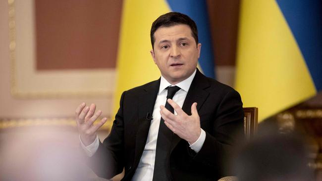 Ukrainian President Volodymyr Zelensky speaking during a news conference with foreign media in Kiev. Picture: AFP