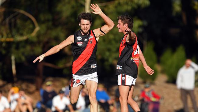 Tea Tree Gully's Trent Melville, who topped the division one goal-kickers list this season, celebrates kicking a goal during the year. Picture: Tom Huntley