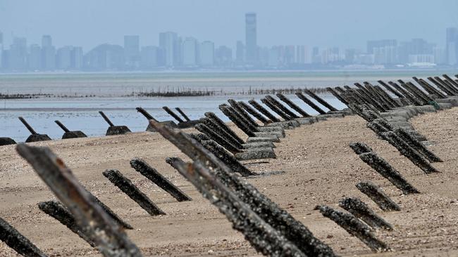 Anti-landing spikes placed along the coast of Taiwan's Kinmen islands, which lie just 3.2km from the mainland China coast. Picture: AFP